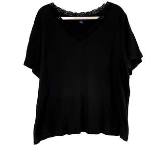 Karen Scott Women’s Black Ribbed V-Neck Shirt Lace Neck 2X